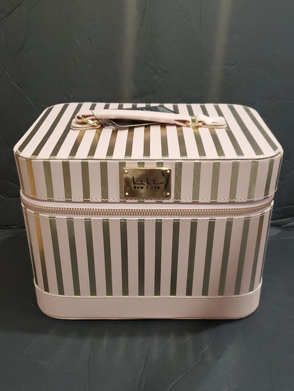 Nicole Miller pink and gold striped large cosmetics beauty hard train case new